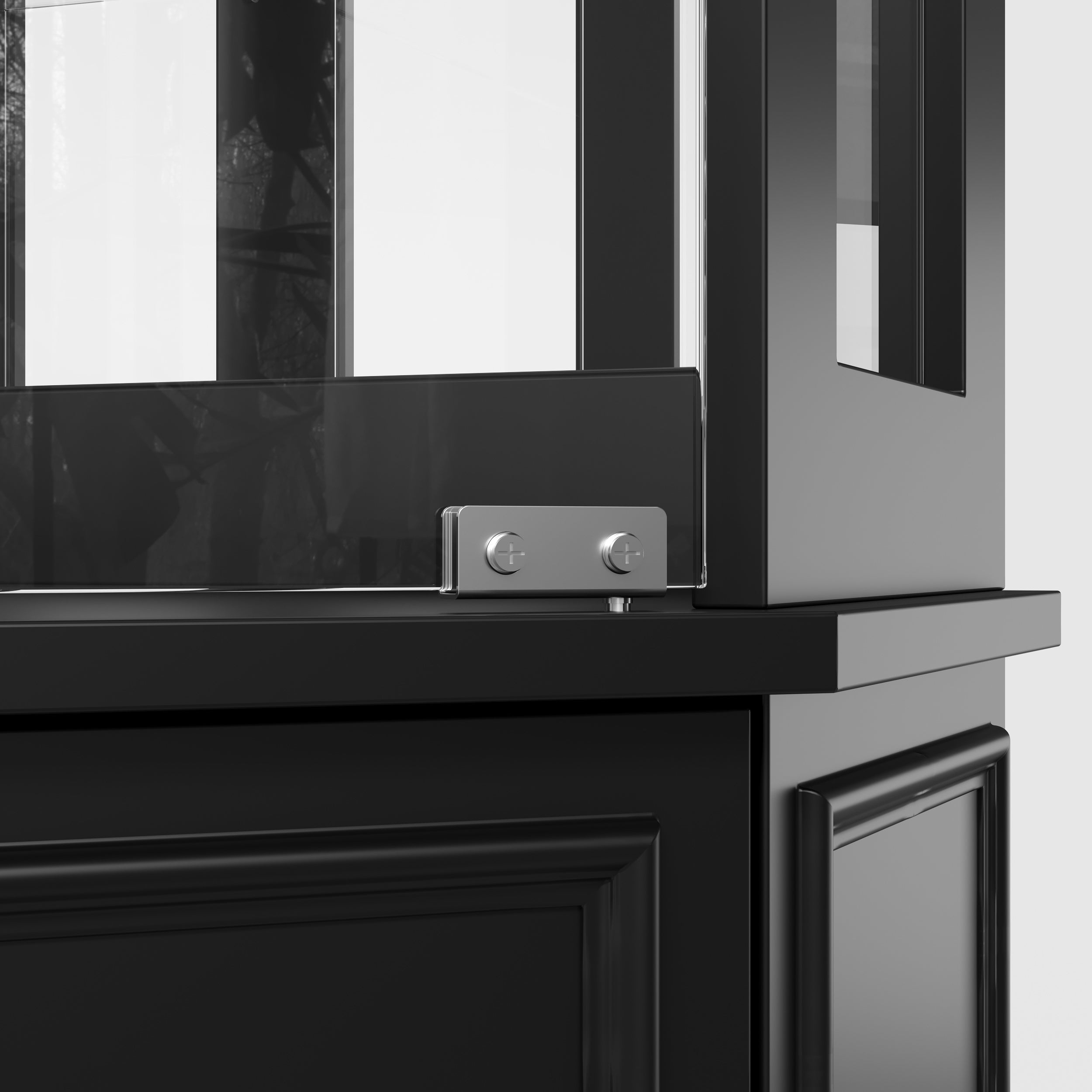 Black tall display cabinet with glass doors and center drawer