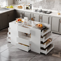 47.2" Modern White Kitchen Island with 14 Drawers and Tempered Glass Top