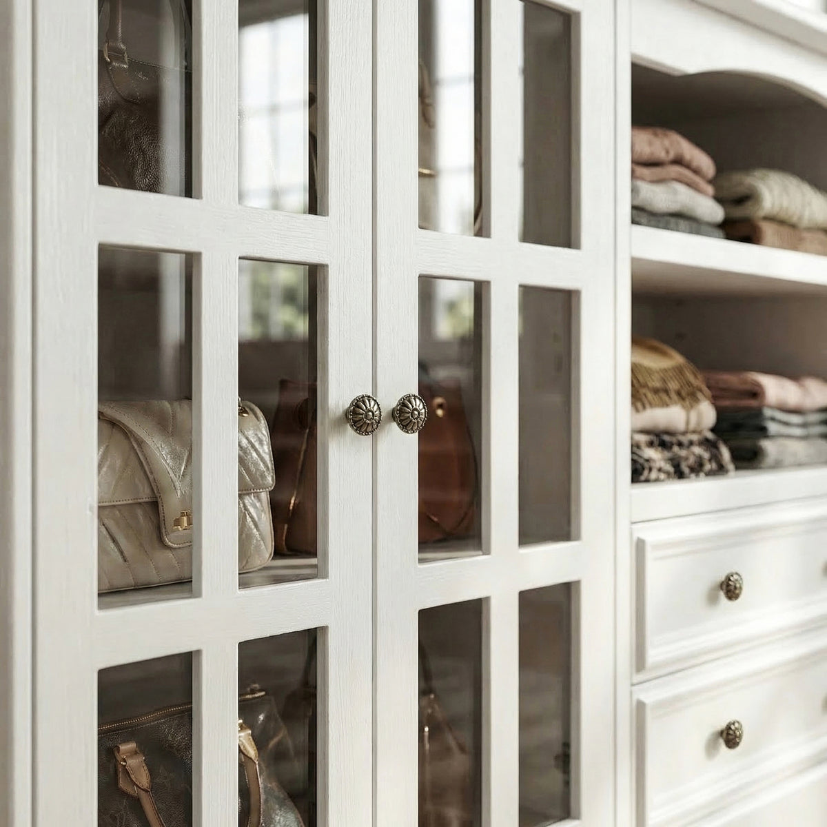 White kitchen island with glass cabinet doors, open shelves, and center drawers