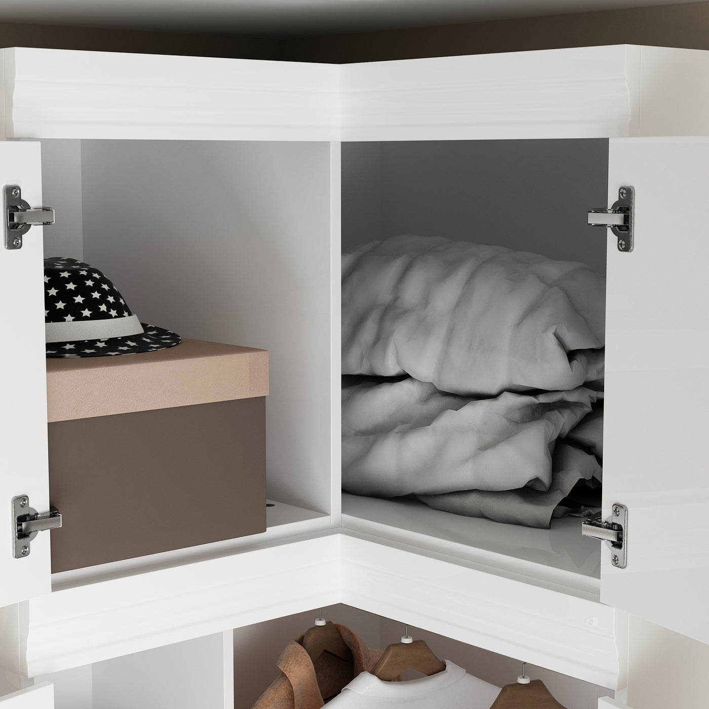 35.4" Modern White L-Shaped Corner Wardrobe with Top Cabinet
