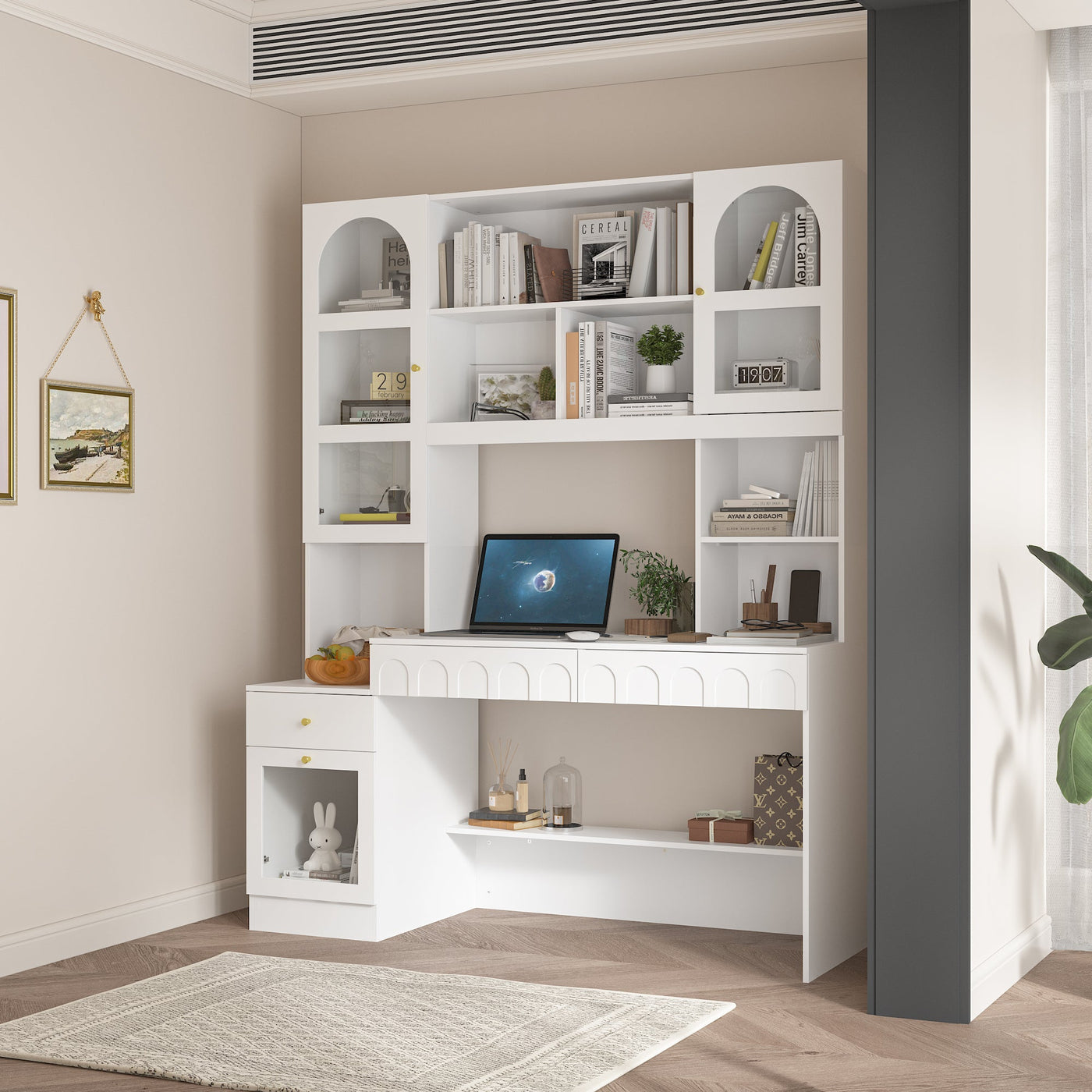 62.4" Modern White Desk with Hutch, Open Shelves and Cabinets