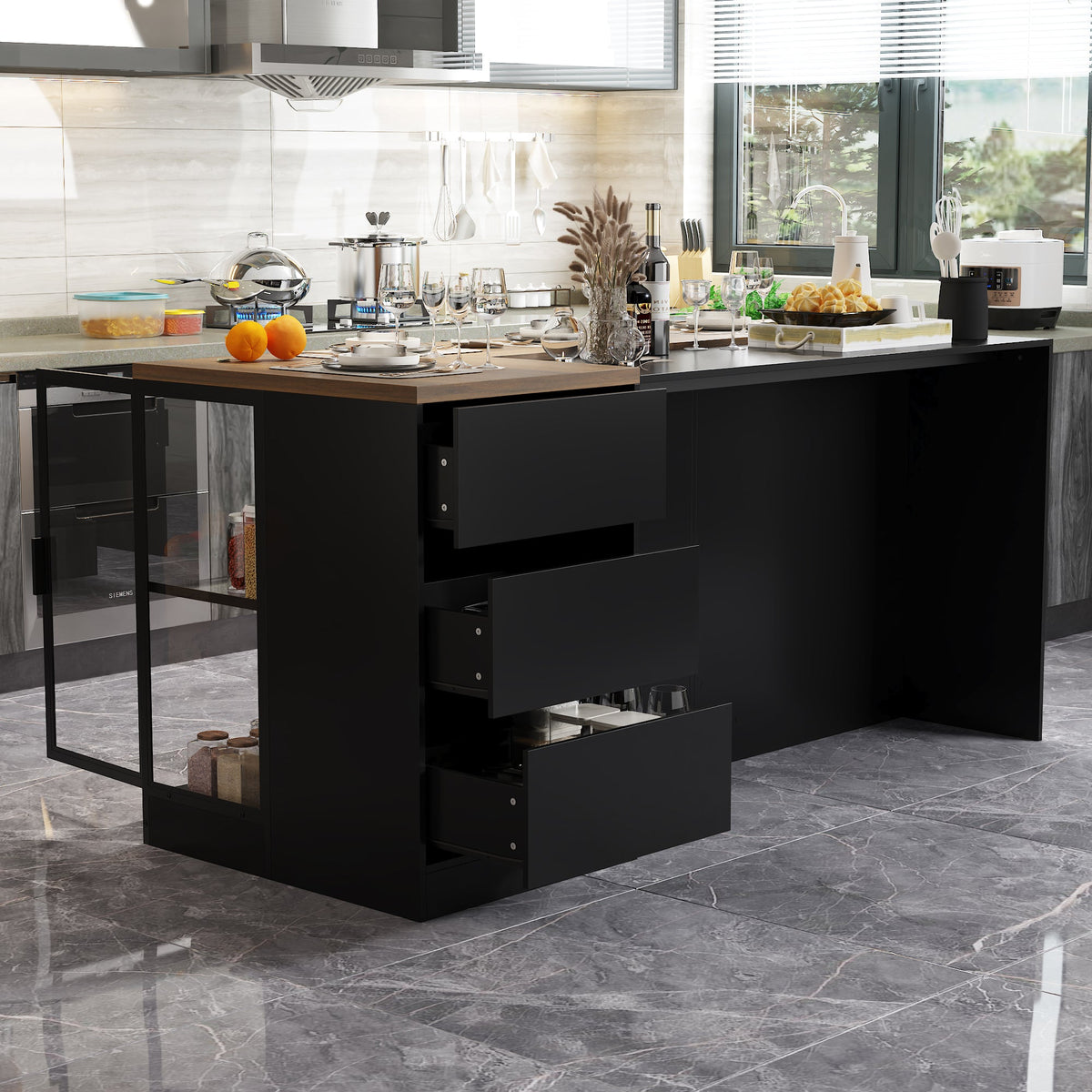 77.6" Modern Elegant Black Kitchen Island with 3 Drawers, Lights and Glass Doors
