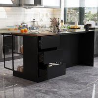 77.6" Modern Elegant Black Kitchen Island with 3 Drawers, Lights and Glass Doors