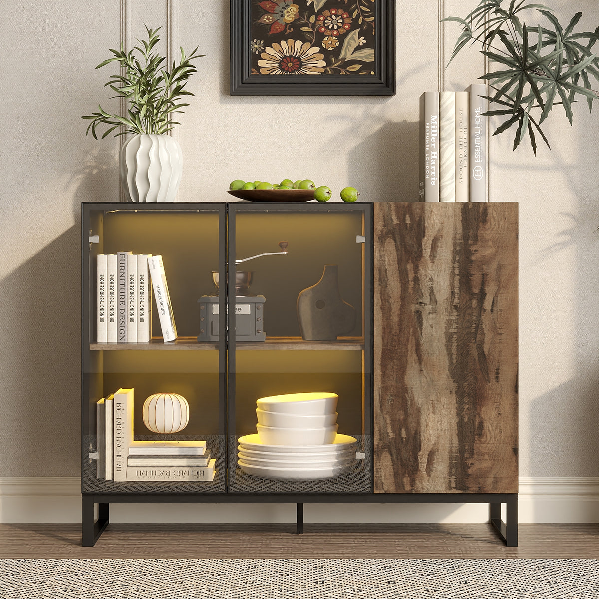 47.2 inch Black Sideboard Buffet Cabinet with LED Lights and Glass Doors