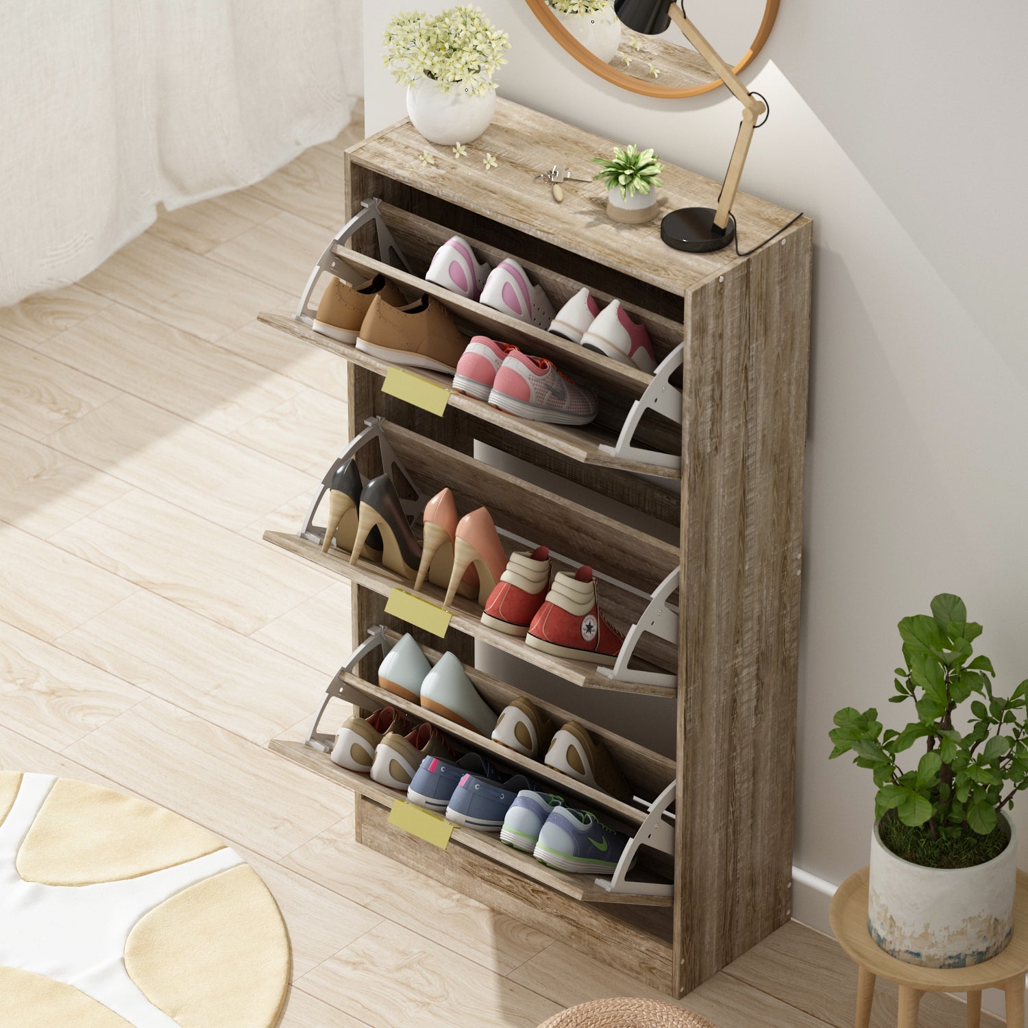 Entryway Shoe Storage Cabinet with 3 Flip Drawers Wood Shoe Cabinet Shoe Organizer with Mirrored Front