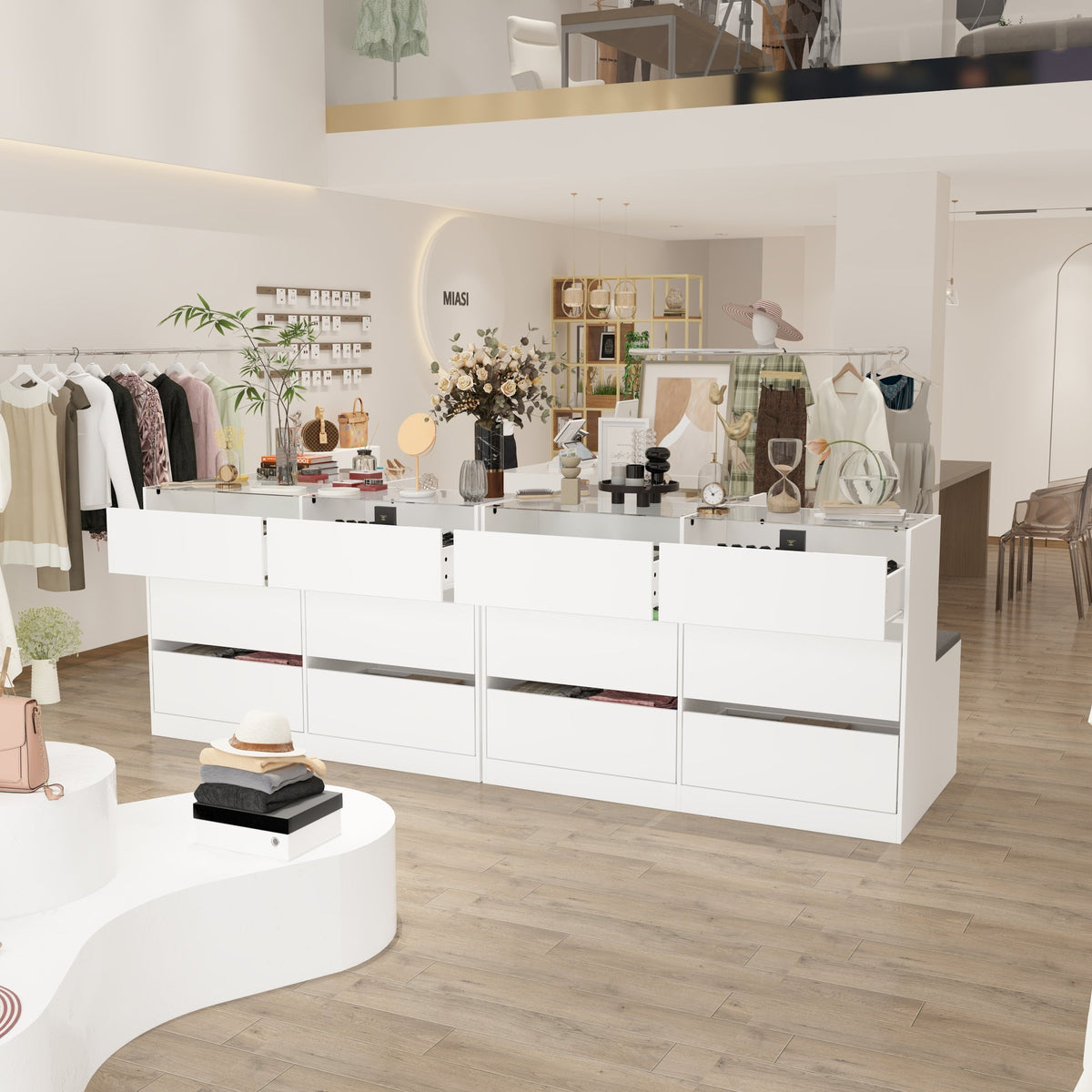 47.2" Modern White 4-Shelf Chest With Top And Comfortable Bench