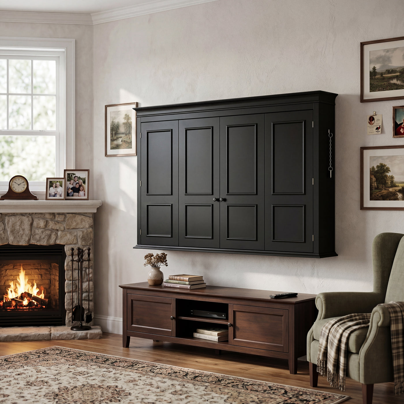 65.7" Black Wall‑Mount Hidden TV Media Cabinet with 4 Panel Doors, Fits Up To 60" TVs