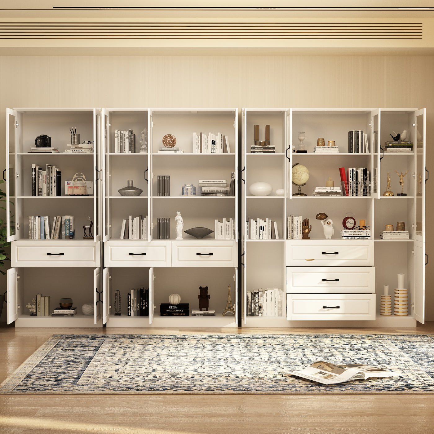 Vila 141.7" White Bookcases & Display Cabinets with 6 Drawers and Open Shelf