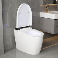 White smart toilet with closed lid, digital display, and built-in bidet