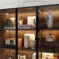 Geyma 78.7" Modern Brown Display Case with LED Lights & 4 Tempered Glass Doors