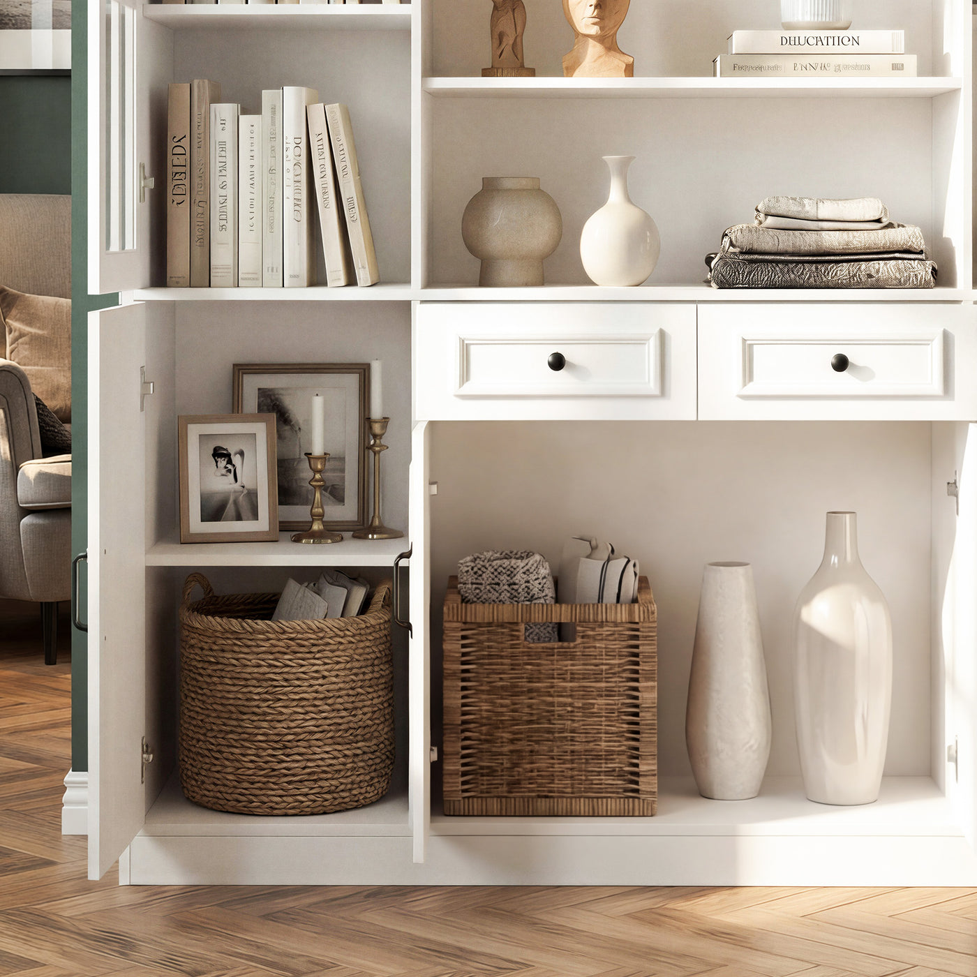 Sofna 63" Modern White 2-Drawer Bookcase with Glass Doors