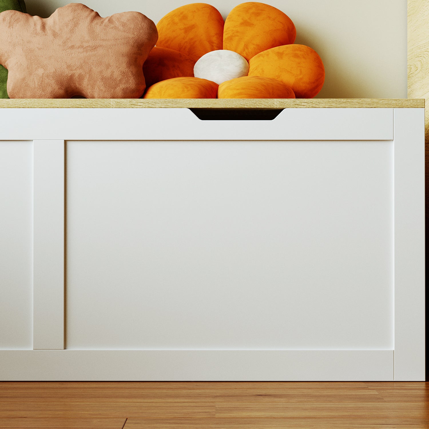 White corner shoe cabinet with bench seating and hidden storage