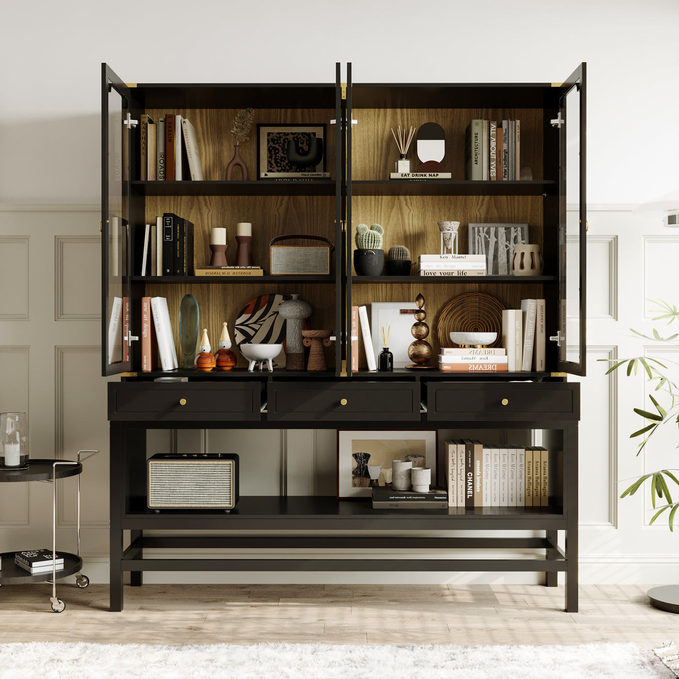 66" Modern Black Display Bookcase with Open Shelves, Glass Doors and 3 Drawers