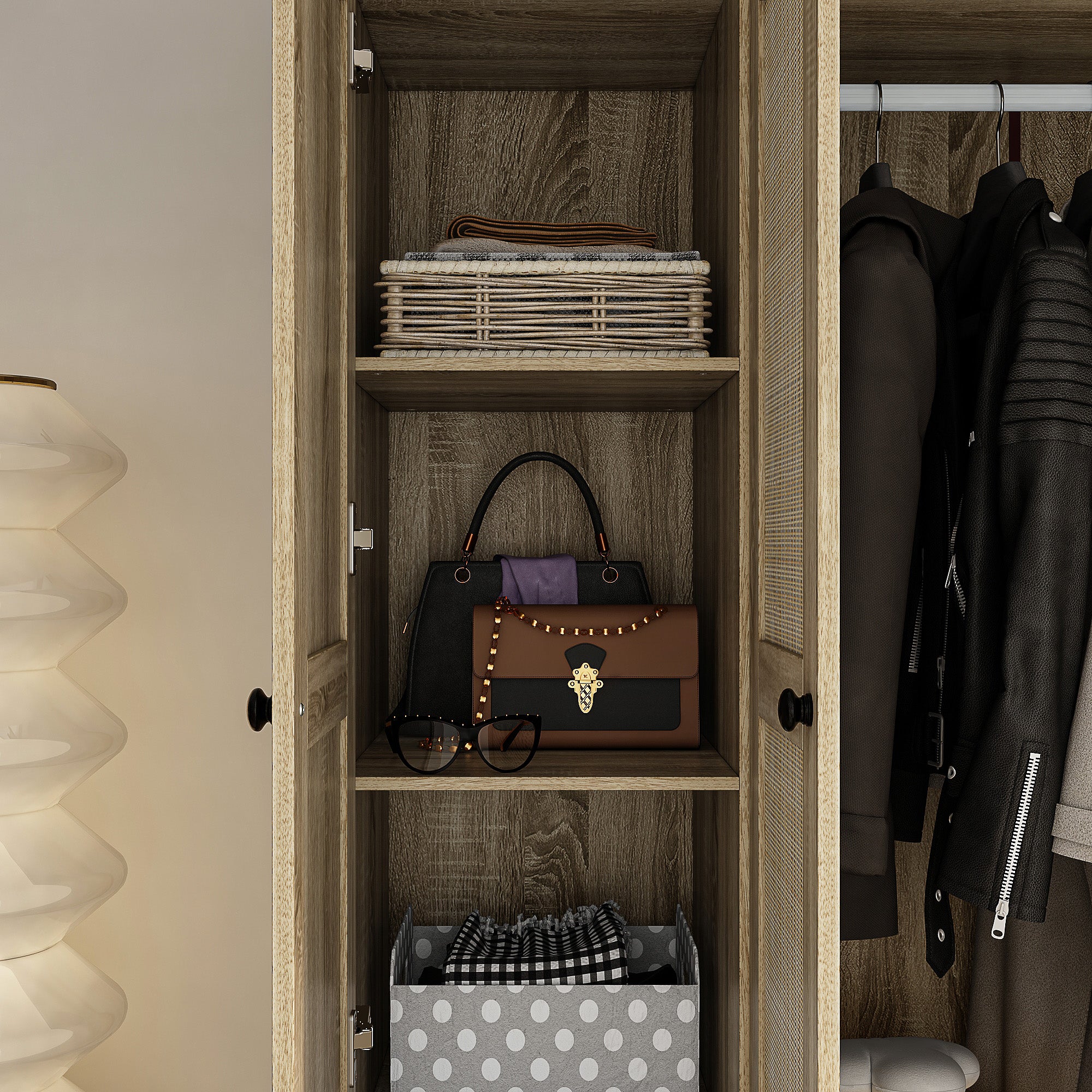 Rustic Four-Door Wardrobe With Rattan Paneling And Six-Drawer Storage