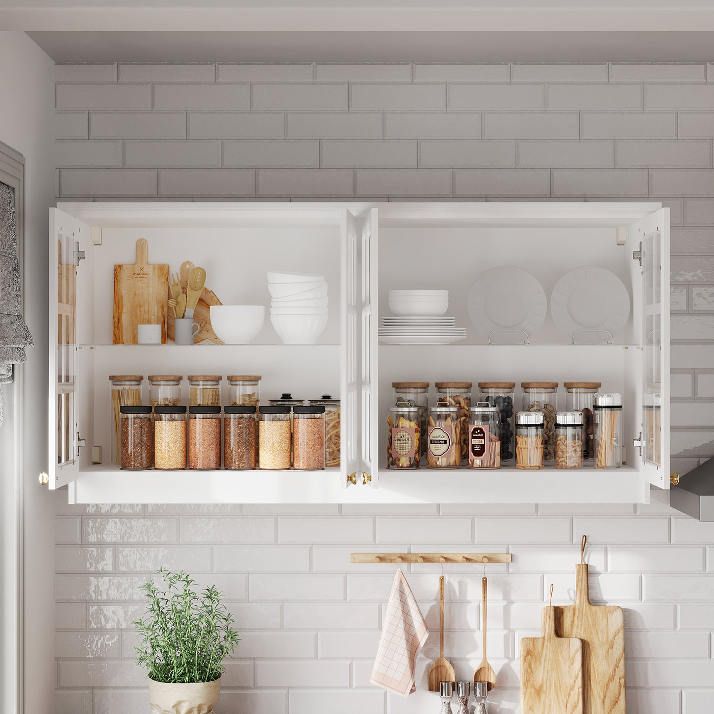 63.4" Modern White Wall Mounted Kitchen Cabinet with 4 Glass Doors