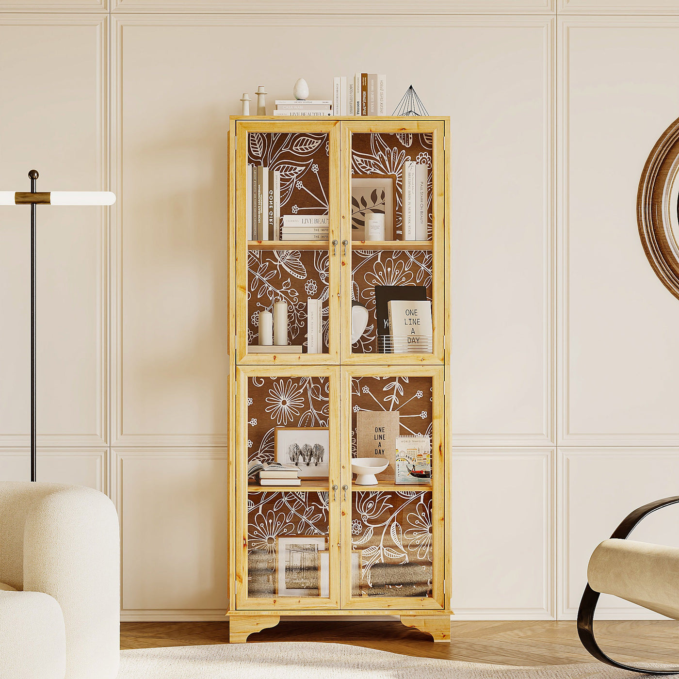74.2" Traditional Natural China Cabinet With Lights And Floral-etched Glass Doors