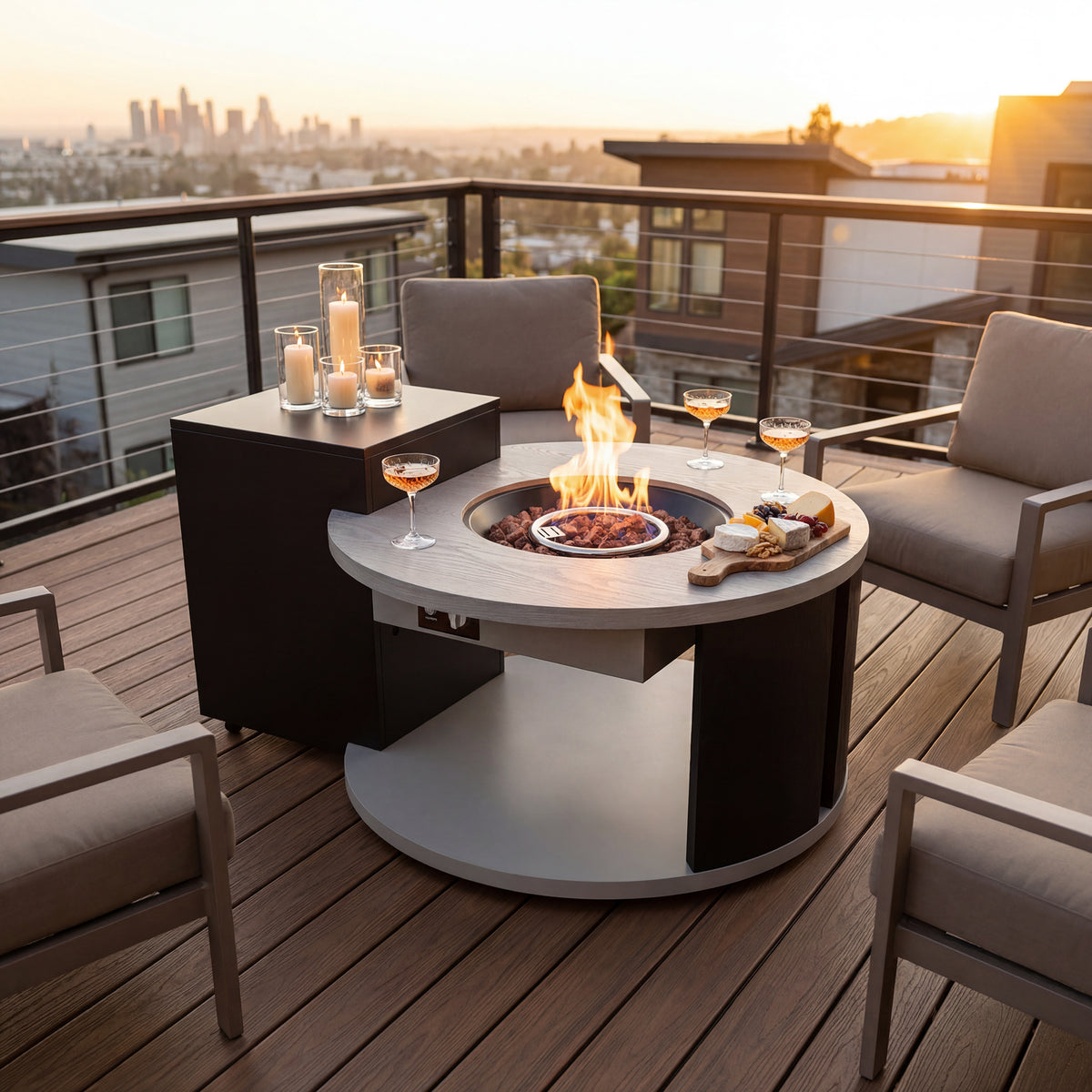 Outdoor patio setup with fire pit table, chairs, and city skyline view.