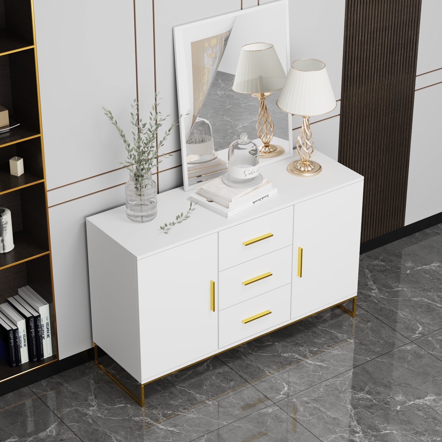 Buffet Sideboard with 3 Drawers & 2 Doors Storage Cabinet Sideboard Credenza Metal Legs for Dining Room and Living Room