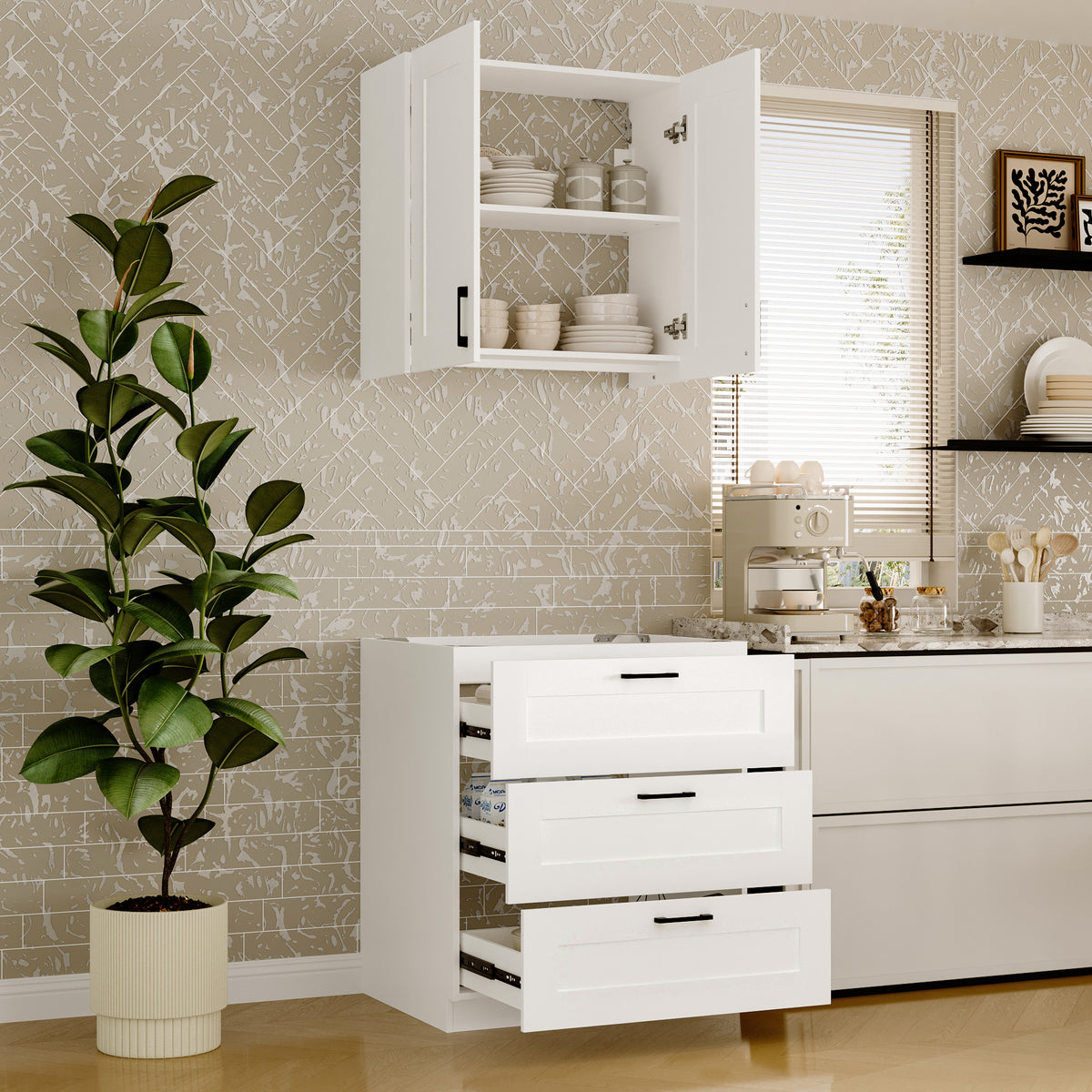 29.9" 2-Piece Shaker-Style Kitchen Cabinet Set with 3 Drawers