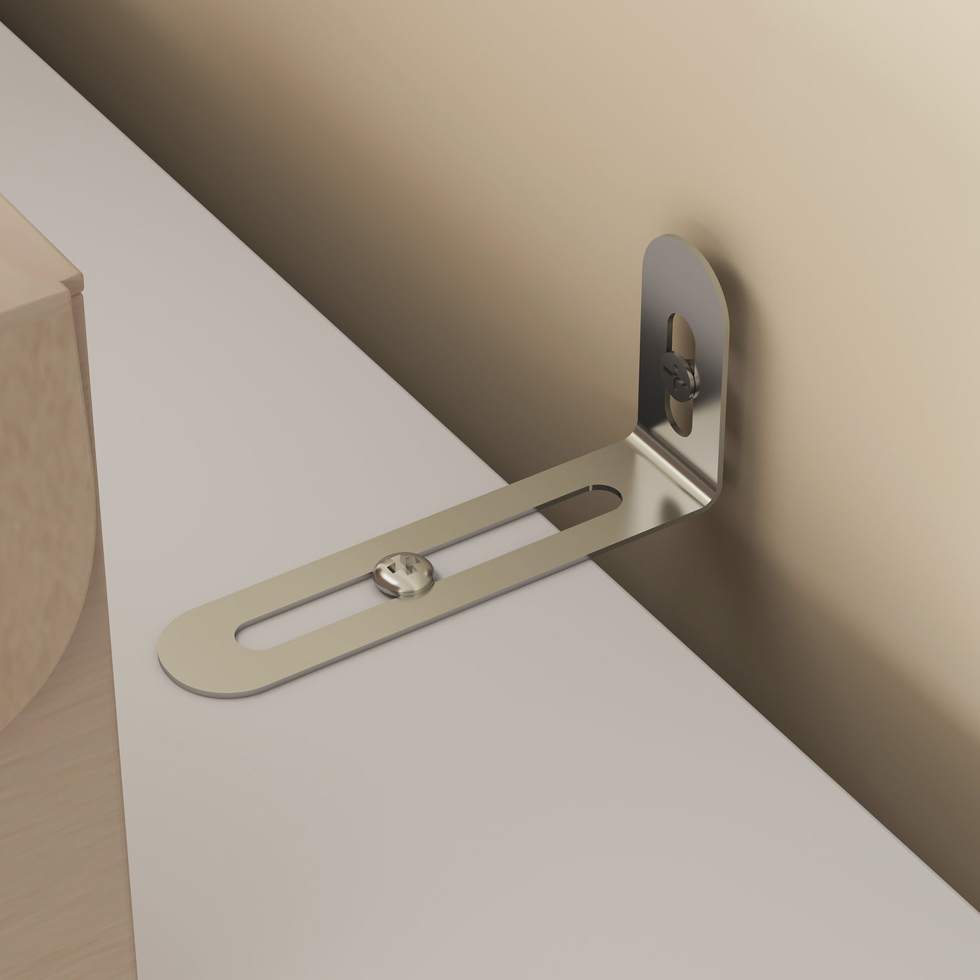 Metal bracket attached to a white surface with a neutral background