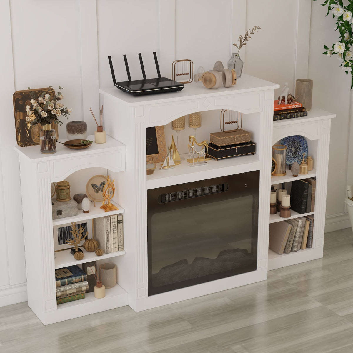 58.8" Modern Classic White TV Stand With Light Electronic Fireplace Open Shelves