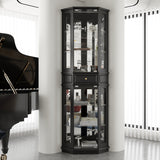Black tall display cabinet with glass doors and center drawer