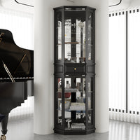 Black tall display cabinet with glass doors and center drawer