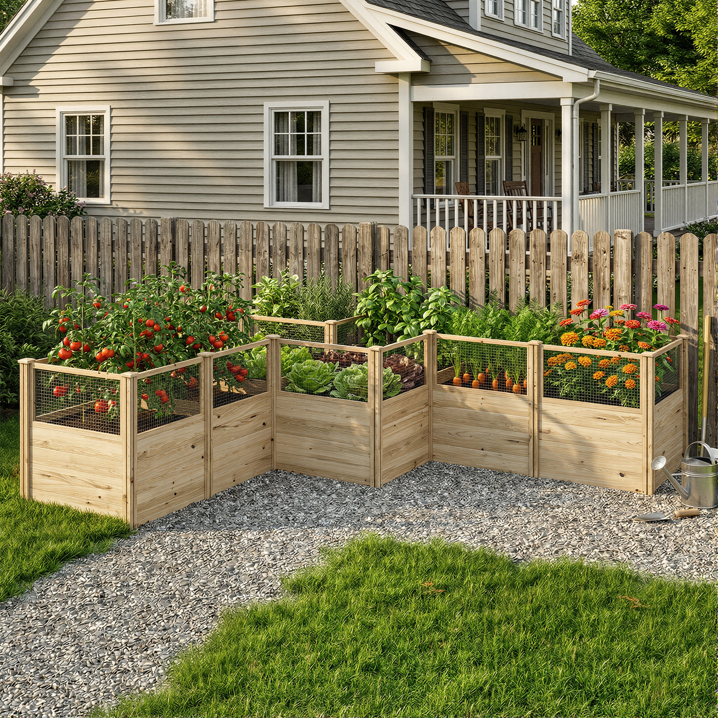 Wooden raised garden beds with plants in front of a house