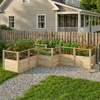 Wooden raised garden beds with plants in front of a house