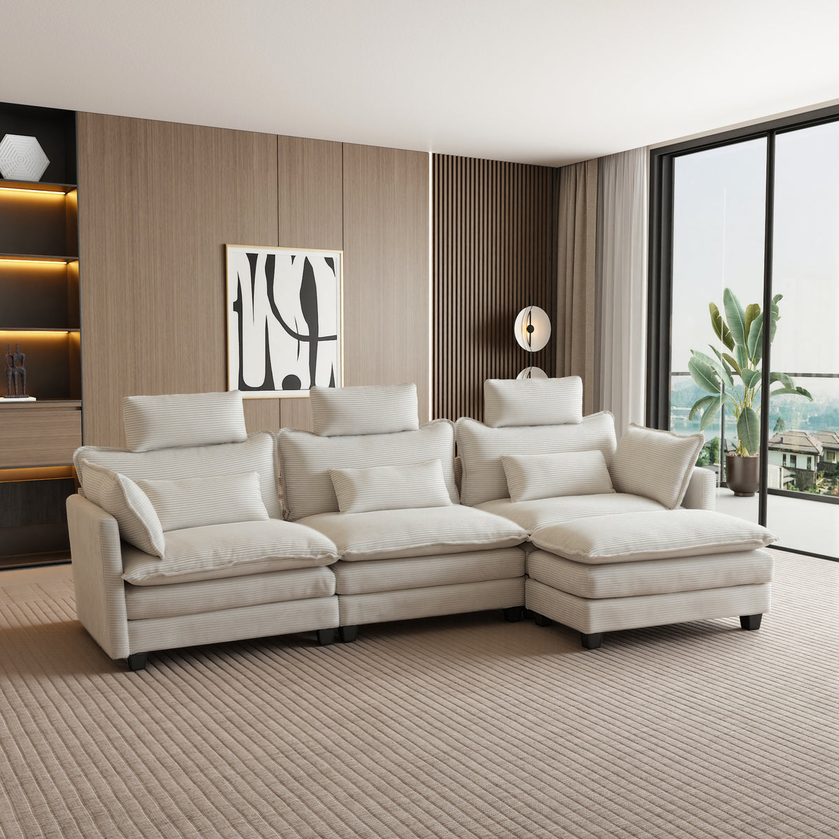 112" L-Shaped Modular Sectional Sofa with Ottoman and Pillows