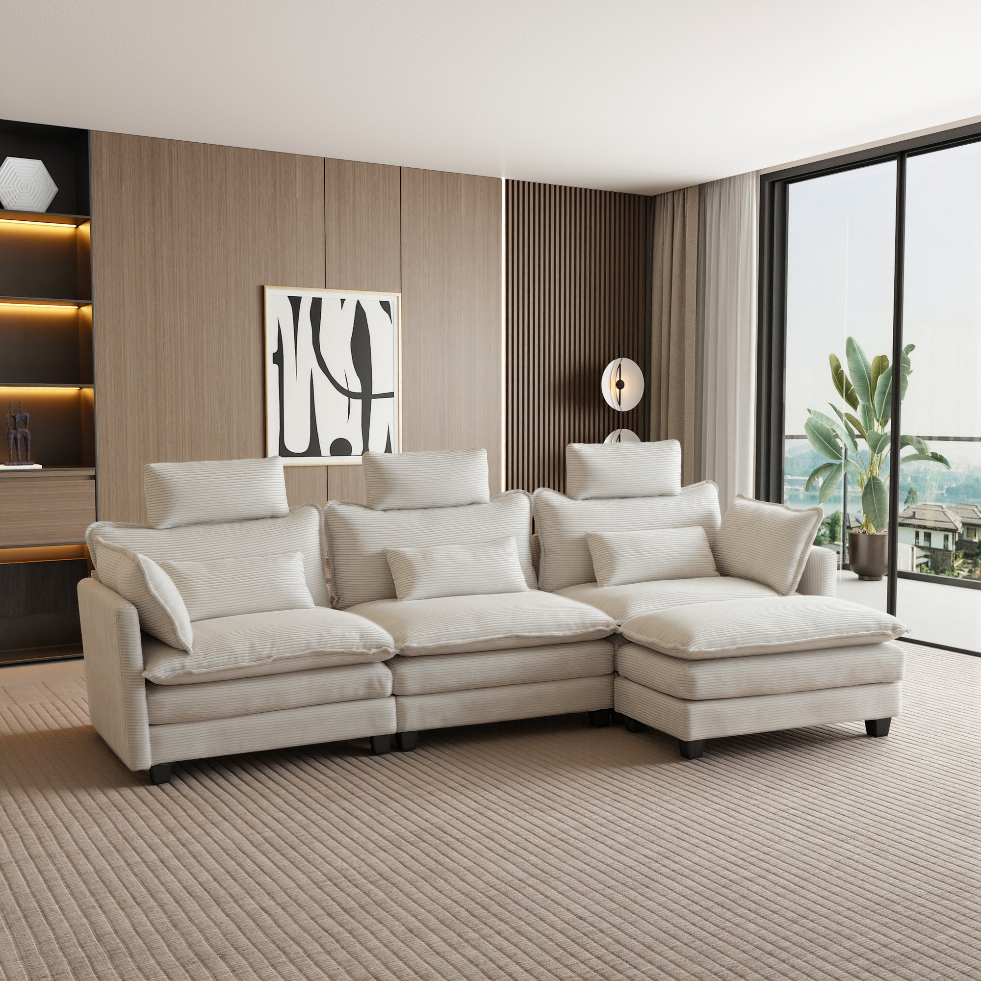 112" L-Shaped Modular Sectional Sofa with Ottoman, Corduroy Cloud Couches with Memory Foam and Pillows Sets, Upholstered 3-Seater Sofa for Living Room