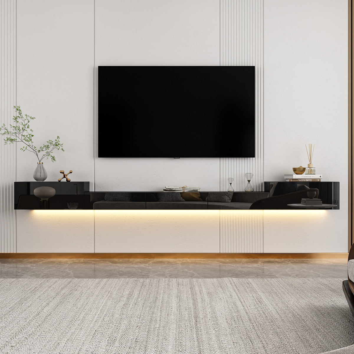 110 inches Modern Minimalist Black TV Stand Floating High Gloss TV Stand With LED Light