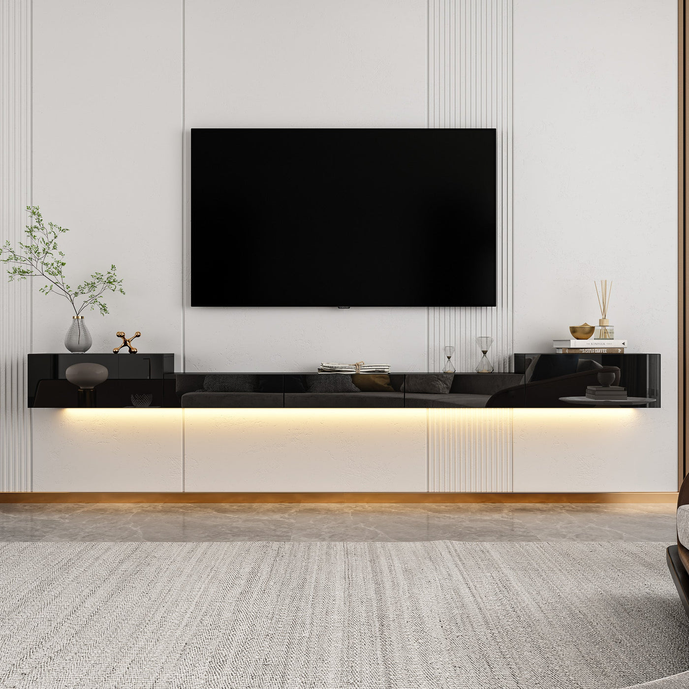 110" Modern Minimalist Black TV Stand Floating High Gloss TV Stand With LED Light