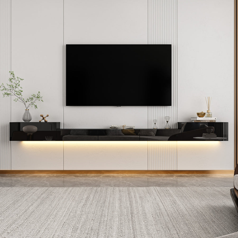 110" Modern Minimalist Black TV Stand Floating High Gloss TV Stand With LED Light