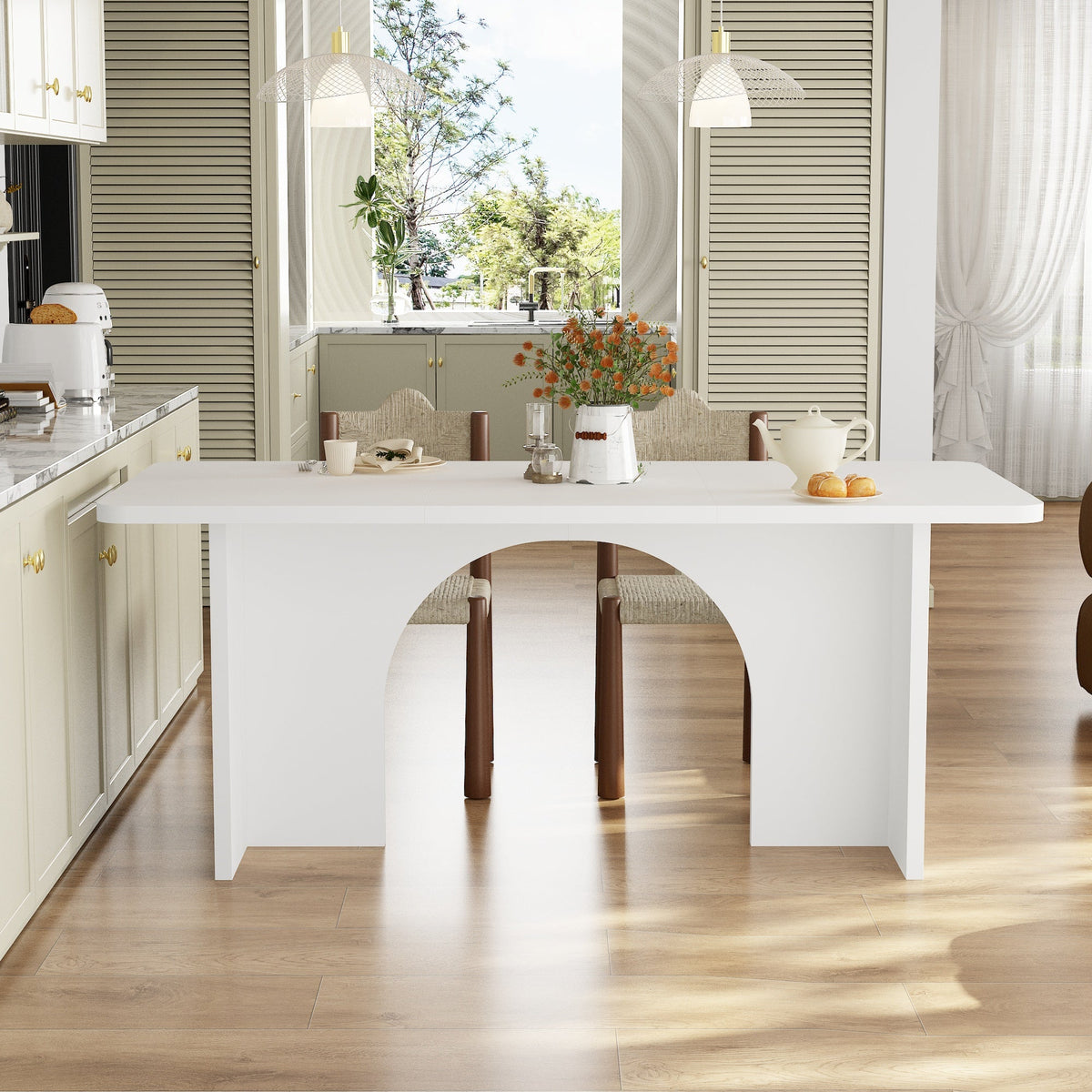 74.8" Modern Minimalist White Dining Table With Arched, Openwork Legs