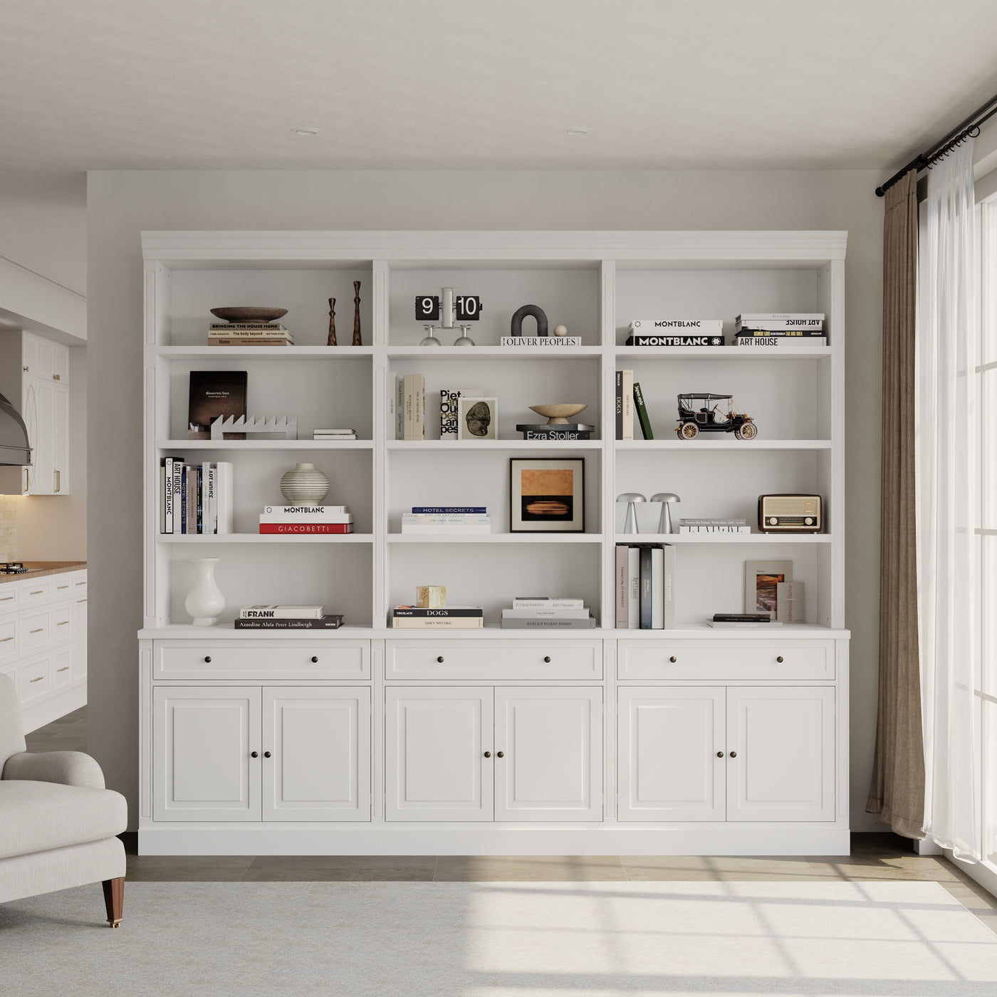102.4" White 6‑Tier Open Bookcase Storage Cabinet with 3 Drawers & 6 Closed Base Doors