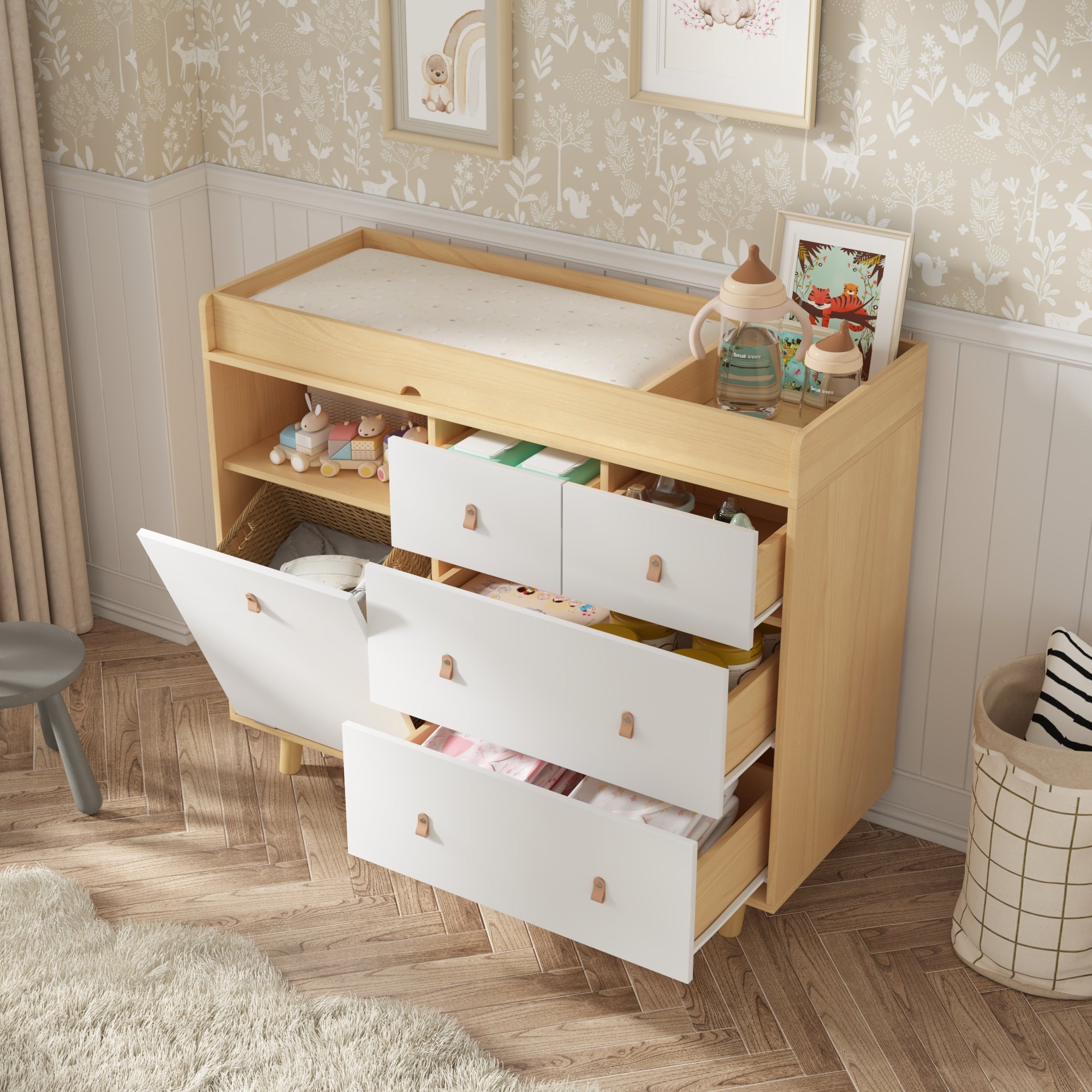 Baby Change Table Dresser Nursery Table Dresser 5 Drawers with Open Storage