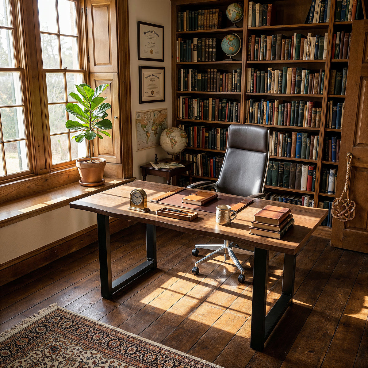 63" Walnut Writing Desk with Veneer Top, Wavy Edge and U-Shaped Metal Legs
