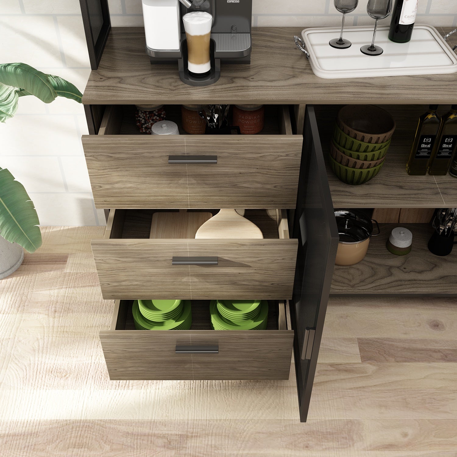 Large Kitchen Sideboard Display Cupboard with Drawers and Mesh Doors Wood Grain