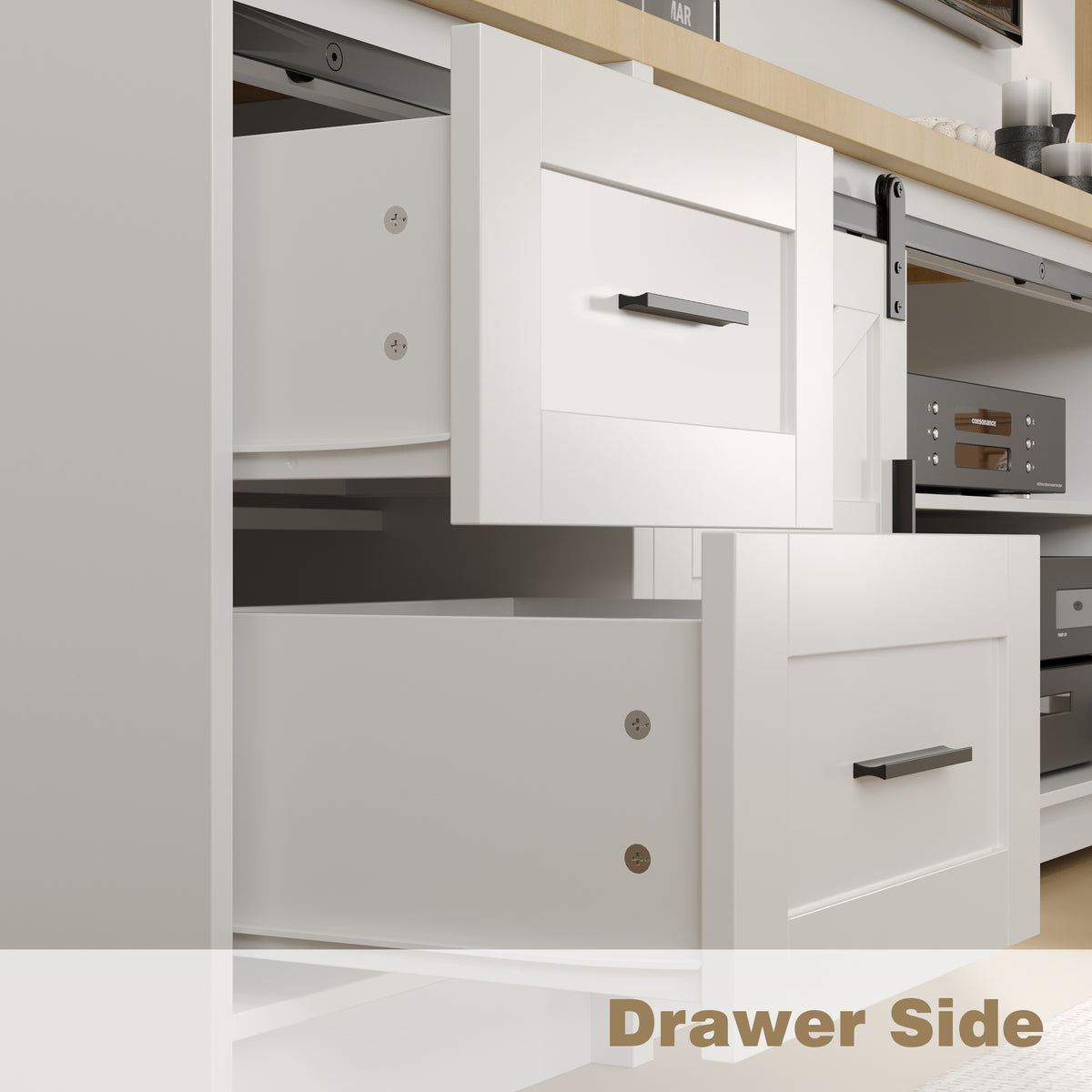 94.5" Modern White Extra Long Barn Door TV Stand with 4 Drawers, Sliding Doors and Adjustable Shelves