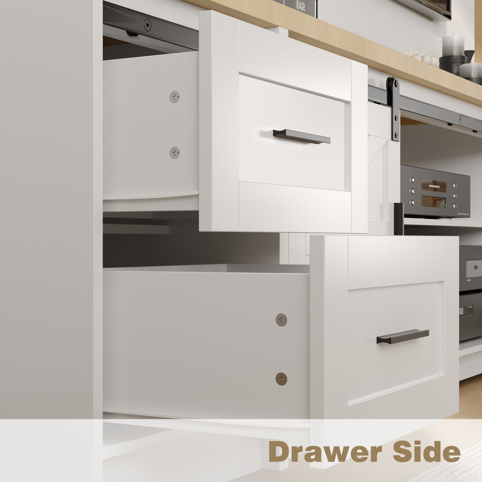 94.5 inches Modern White Extra Long Barn Door TV Stand with 4 Drawers, Sliding Doors and Adjustable Shelves