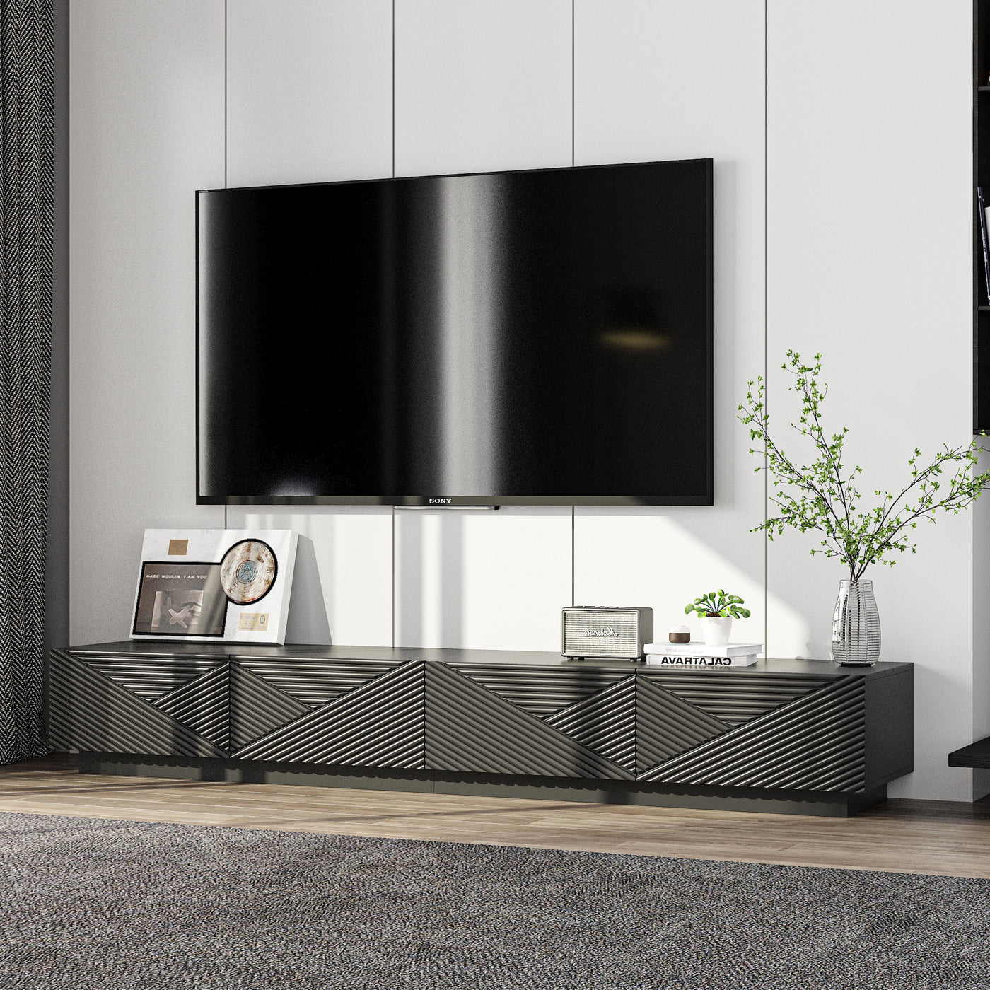 78.7" Modern Black Media Console TV Stand with Drop-Down Doors