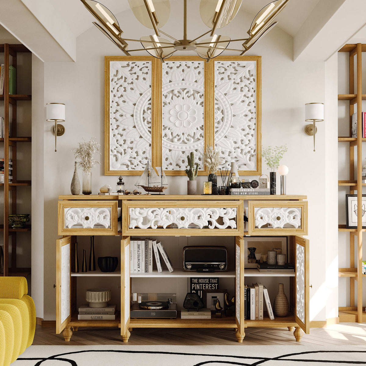 59.1" Bohemian Natural Sideboard Cabinet Buffet Storage Cabinet With Wall Hanging Decorations