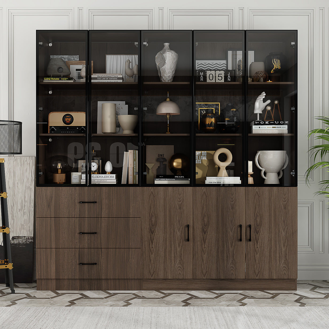 Geyma 78.7" Modern Brown Display Case with LED Lights & 4 Tempered Glass Doors