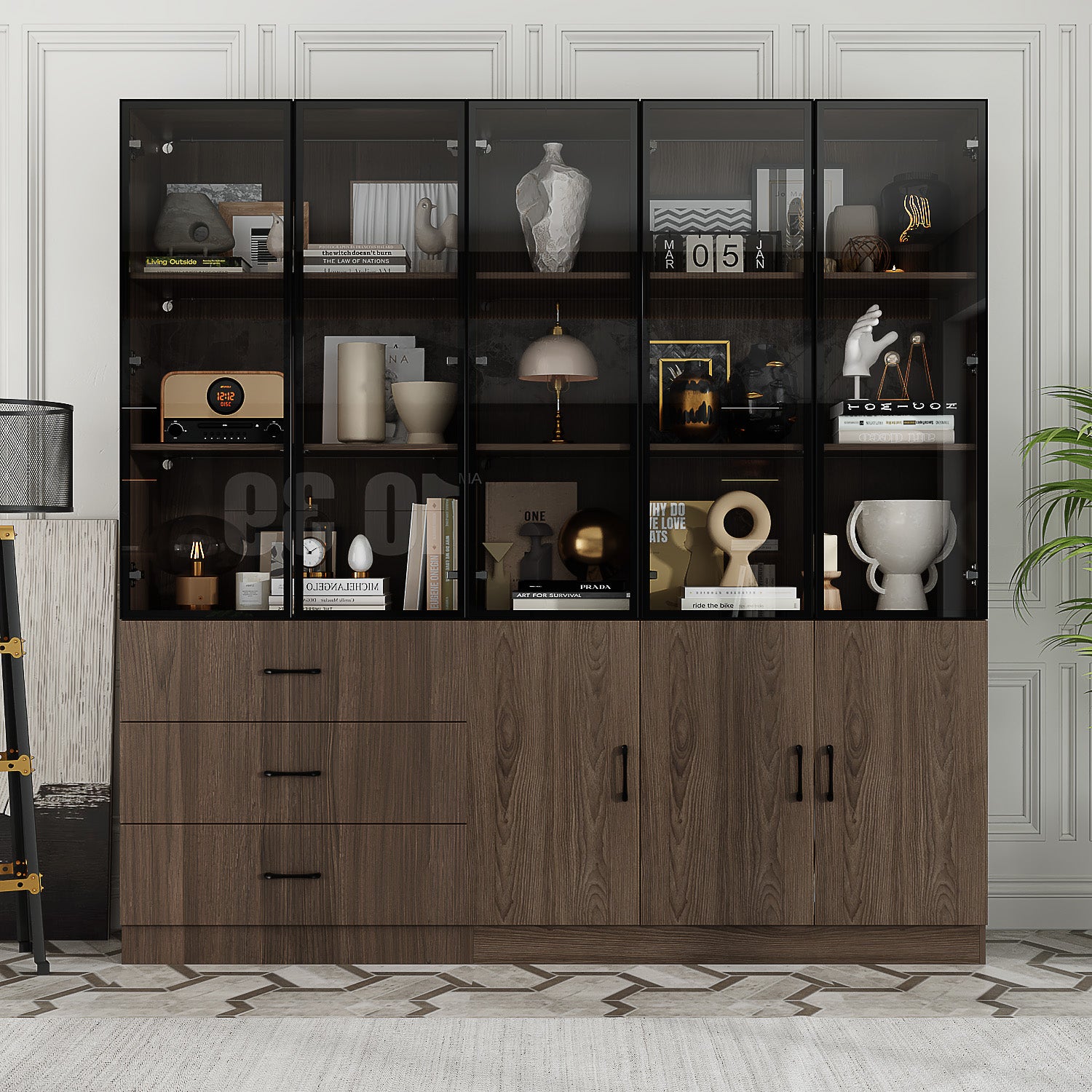 78.7" Wide Glass Door Display Case Curio Cabinet With LED Lights