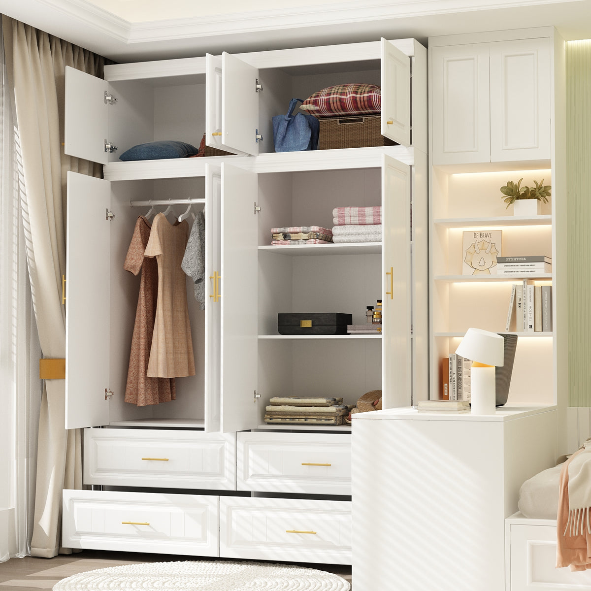 Family Cabinet Wardrobe Bedroom Armoire Home Closet 4 Doors and Drawers