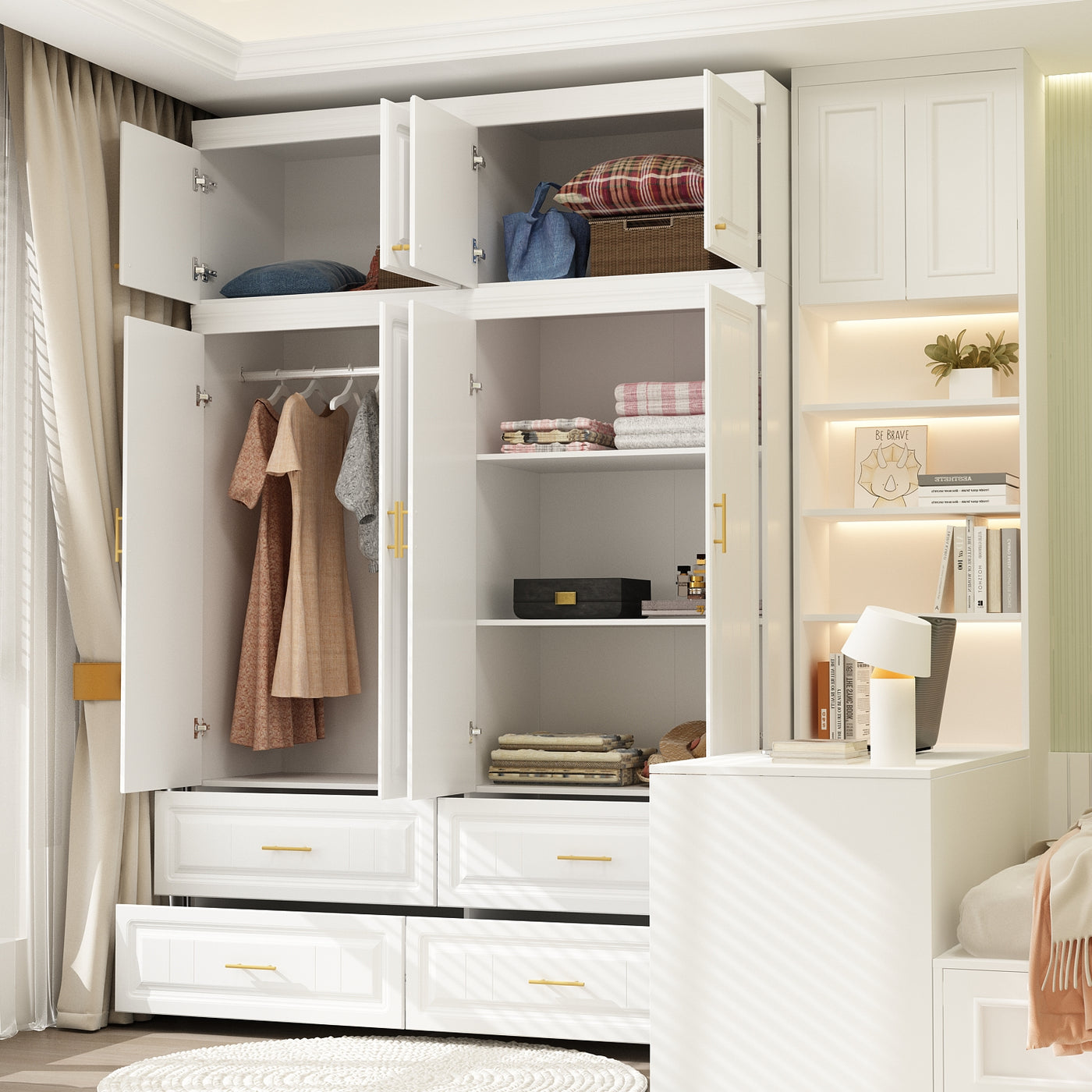 Family Cabinet Wardrobe Bedroom Armoire Home Closet 4 Doors and Drawers