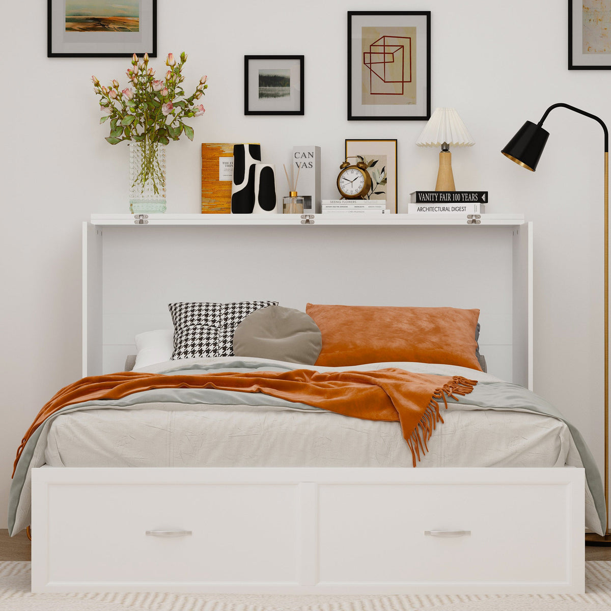61.8" Modern Minimalist White Fold Out Bed with Power Outlets
