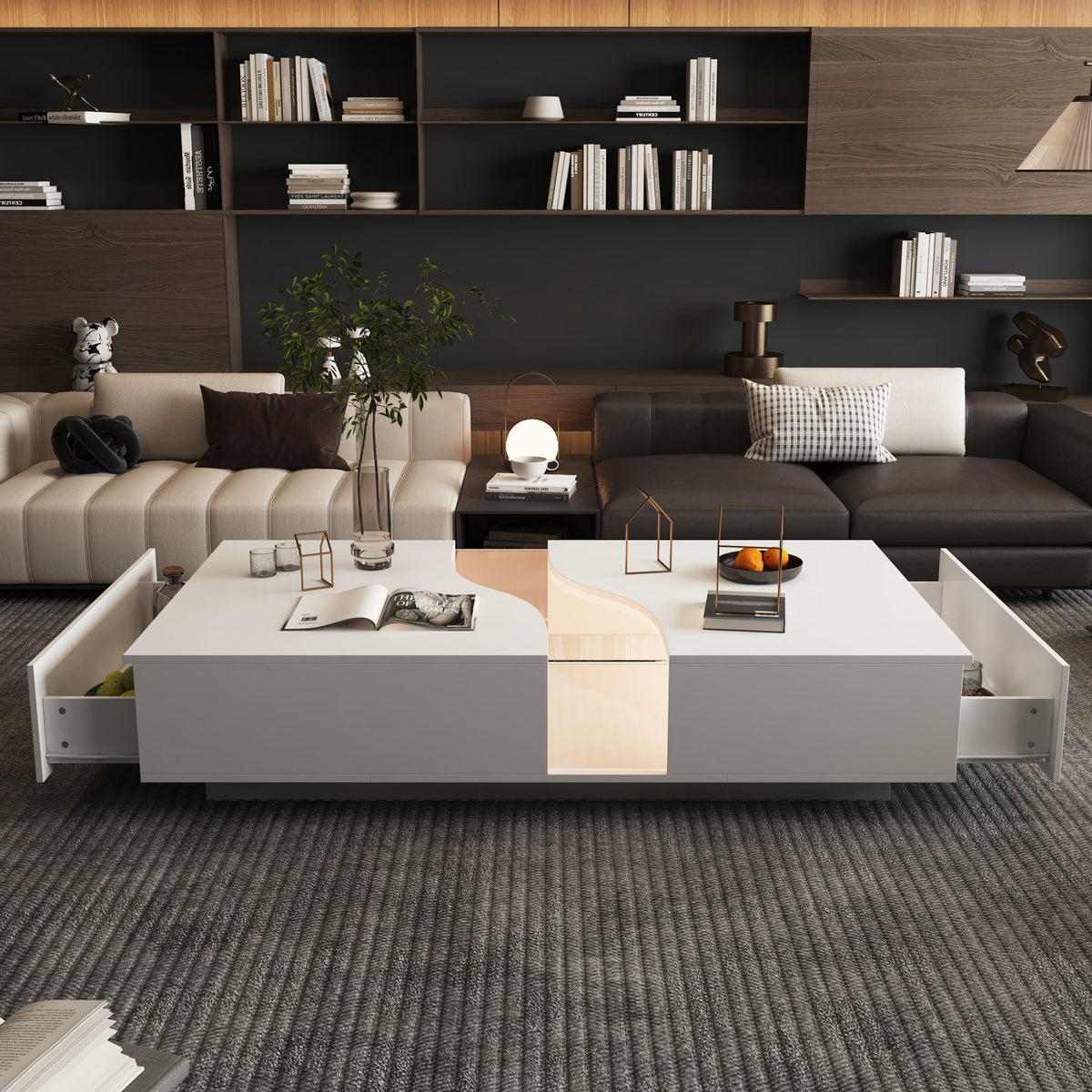 55.1" Modern White Coffee Table with Dual-Sided Drawers and Lighted Glass Center