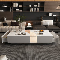 55.1" Modern White Coffee Table with Dual-Sided Drawers and Lighted Glass Center